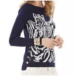Lilly Pulitzer Womens Nila Zebra Print Boatneck Sweater‎ in Navy Sz XS | Preppy